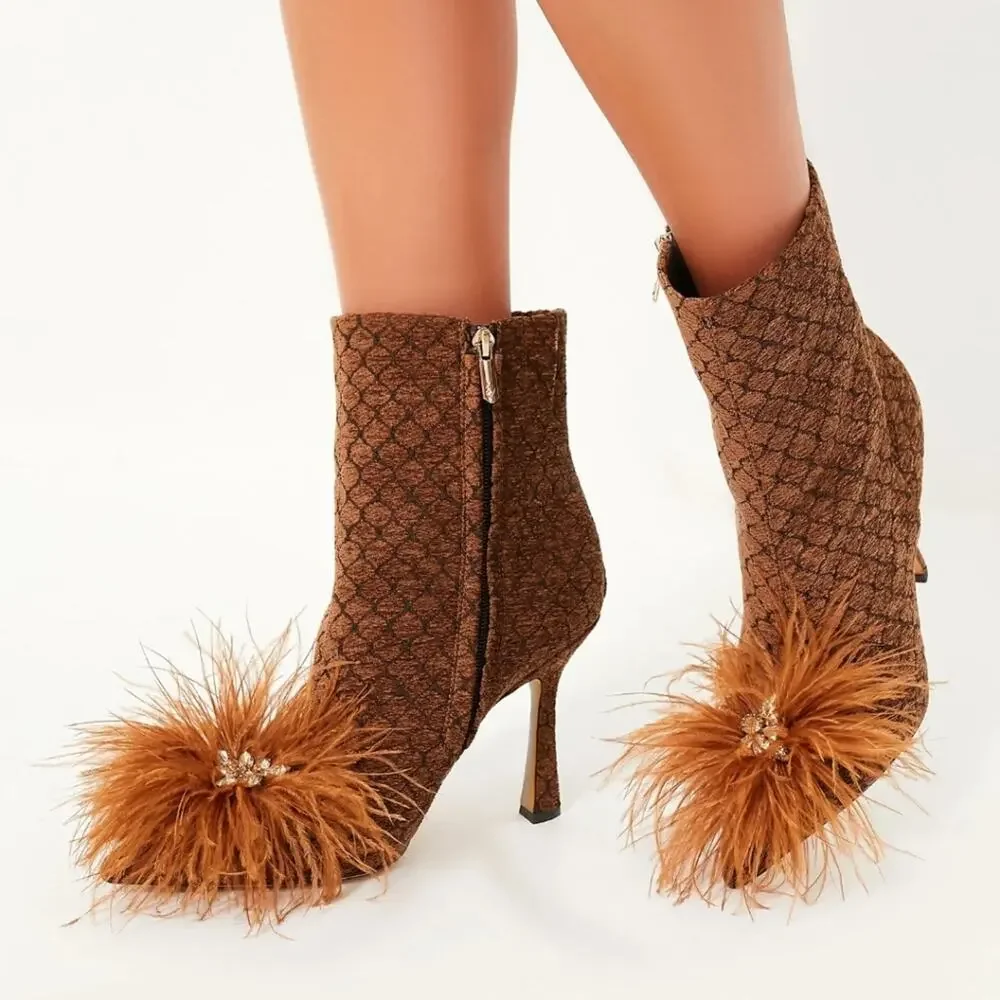 Sam Edelman Ency Feathered Ankle Booties Rhinestone Pointed Toe Brown Heeled 6.5